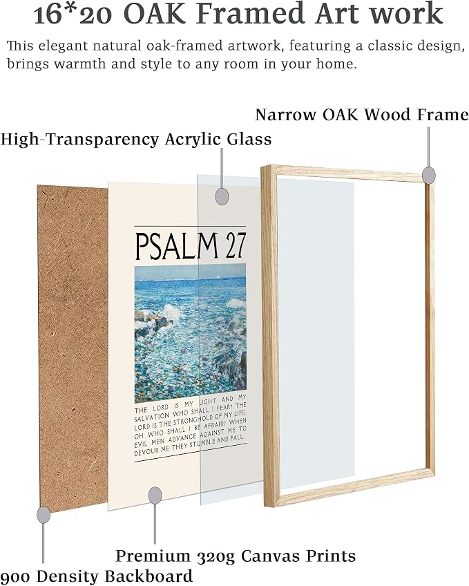 EcoHest 16x20 in Psalm 27 Ocean Framed Bible Verse Christian Wall Art | Solid Oak Wood Frame with Canvas Wall Art, Coastal Scripture Wall Decor for Bedroom, Living Room, Office, Church, 1Pack