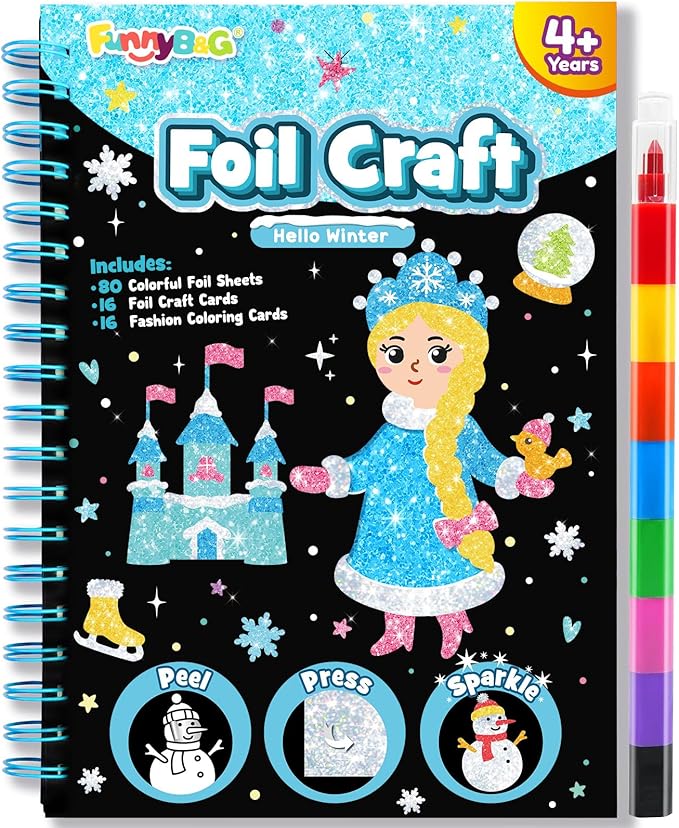 FUNNYB&G Foil Art Crafts for Kids Ages 4-8: Valentines Crafts for Kids 2026,Birthday Gift for Girls,Art and Crafts Supplies,Party Favors,Creative Toys for Girls Boys 4 5 6 7 8 9 Years Old (Winter)