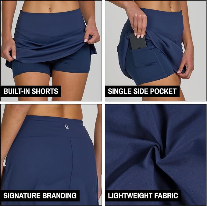 Spyder Skorts for Women - Built-in Shorts, Skirt for Golf Tennis Pickleball | Stretch fabric; true to size; inner shorts liner; lightweight; breathable; ideal for gym, running, yoga, hiking, work outs