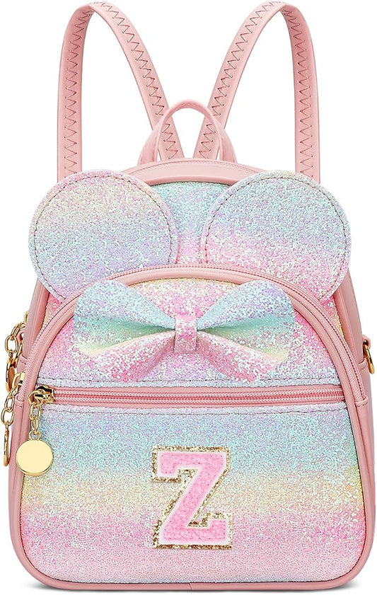 KKXIU Initial Bowknot Mini Backpacks for Girls Women, Small Cute Backpack Purse, Personalized Valentines Day Gifts for Toddler, Kids and Teen Girls(Z, Rainbow)