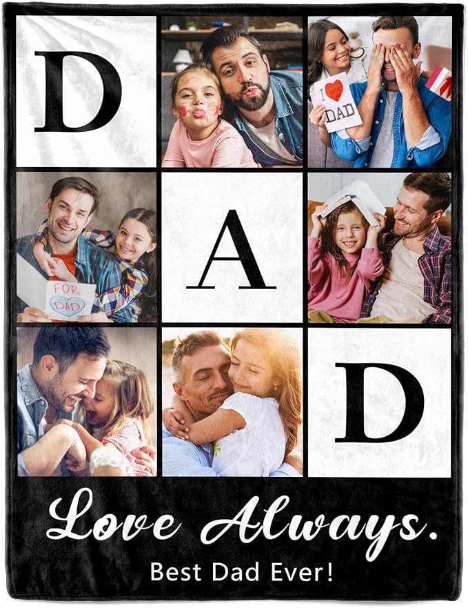 SHIPS NEXT DAY Personalized Fathers Day Birthday Gifts from Daughter Son Kids Wife Custom Photos Blanket with PictureText Customized Father's Day Christmas Dad Husband Grandpa Papa Unique Gifts