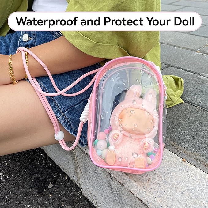PVC Protective Case for Lububu 17cm Plush Doll, Blind Box Doll Display Case for Lafufu, Clear Hanging Storage Bag Keychain, Doll Clear Bag Carrying Bag for Figures (Pink)