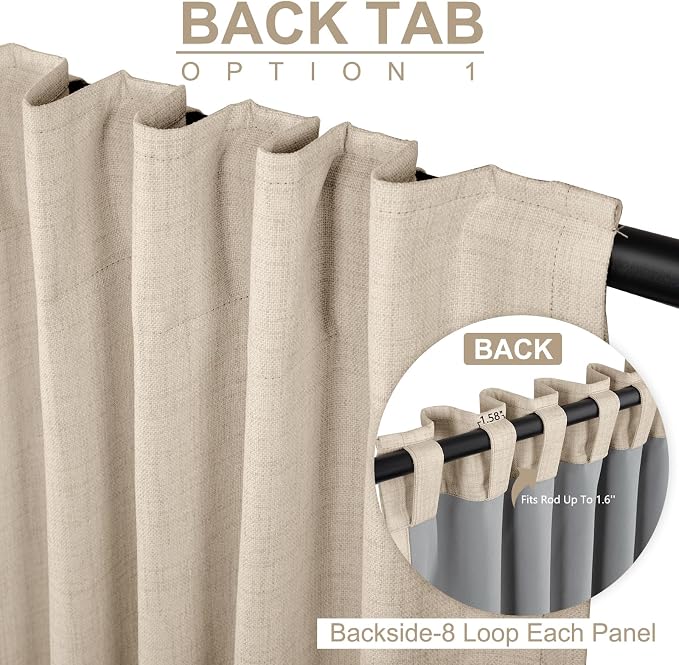 100% Blackout Shield Linen Blackout Curtains for Bedroom 90 Inches Long, Back Tab/Rod Pocket Living Room Drapes, Thermal Insulated Blackout Curtains 2 Panels Set, 50" W x 90" L, NaturalFlax