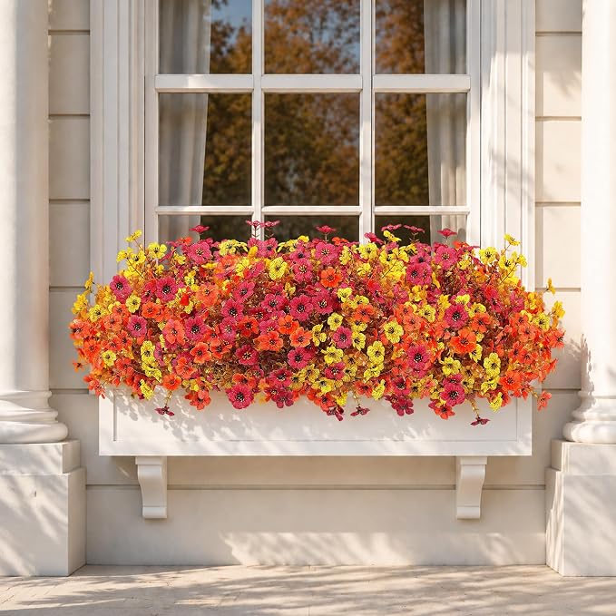 Artificial Faux Mums Flowers Plants for Outdoors Autumn Decoration,12 Bundles Fake Mums Plastic Silk Daisy Fall Flowers Plants UV Resistant Look Real for Outside Planters Patio Porch Yard 3 Multicolor