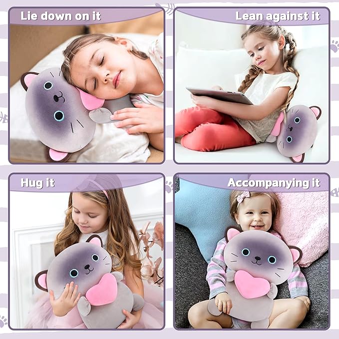 Achwishap Cat Stuffed Animal,Siamese Cat Plush with Love Heart,14” Siamese Cats Plush Toys,Cute Plushies Soft Cats Plushy Kawaii Plushie Huggging Pillow,Cuddly Animal Body Pillow for Kids Adults(Gray)
