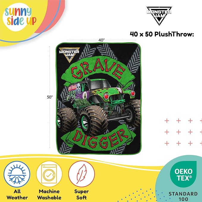 Sunny Side Up Monster Jam Plush Travel Throw Blanket - Measures 40 x 50 Inches - Super Soft & Cozy Travel Accessories Features Grave Digger
