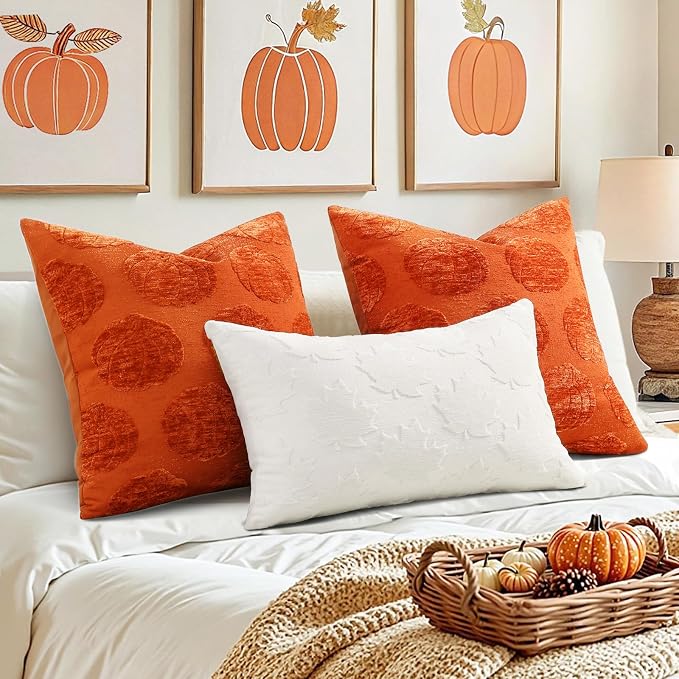decorUhome Chenille Rust Pumpkin Soft Throw Pillow Covers 18x18 Set of 2 | Fall Decorative Jacquard Farmhouse Accent Modern Farmhouse Neutral Pillowcases for Bed Sofa Autumn Harvest Halloween Holiday