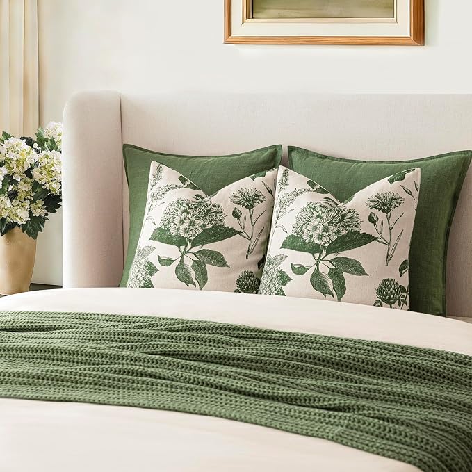 Foindtower Set of 2 Linen Floral Throw Pillow Covers Neutral Vintage Print Decorative Cozy Cushion Covers Farmhouse Boho Home Decor for Sofa Chair Couch Bedroom Living Room,24×24 Inch,Dark Green