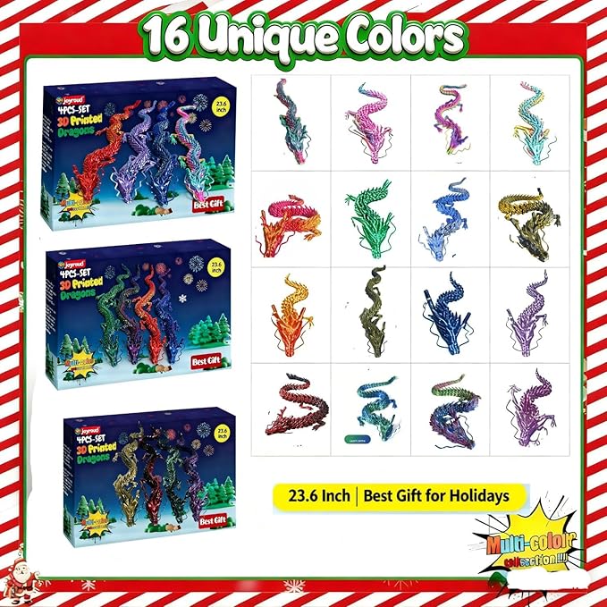 4-Pack 24 Inch 3D Printed Dragon Toy, Articulated Chinese Dragon Action Figure with Gift Box - Christmas Gift, Imaginative Play, Office Desk Decor & Collectible Figurine for Kids & Adults