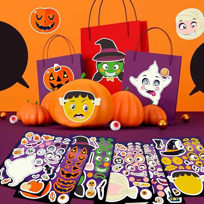 24 PCS Make-a-face Halloween Sticker Make Your Own Halloween Character Mix and Match Sticker with Vampire, Witch, Mummies Zombies, Ghost and Pumpkin Trick or Treat Halloween Goodie Bag Fillers