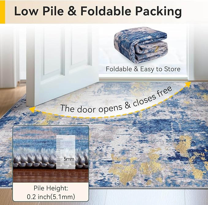 RELEANY Washable Square 6'x6' Area Rug for Living Room Blue Gold | carpet for bedroom, kitchen, office, hallway and entryway, printed pattern, non-slip, soft, stain-resistant, easy to clean