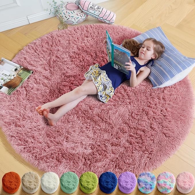 Blush Pink Big Round Rug 8Ft for Kids Bedroom, Large Fluffy Fuzzy Furry Circle Area Rugs for Girls Room Decor Aesthetic, Shaggy Circular Carpet for Baby Nursery Playroom, Cute Dusty Rose Mauve Rug