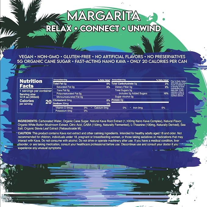 AVA Kava | Alcohol-Free Relaxation Drink | Margarita | Fast Acting Nano Kava • Zero Sugar Alcohols • Vegan • Plant Based • No Preservatives • Natural Flavors • Non GMO • Gluten Free | 12oz Cans (6-Pack)