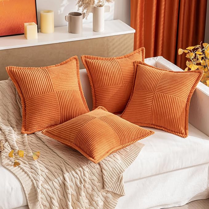 MIULEE Fall Orange Decorative Throw Pillow Covers for Couch 18x18 Inch | 2 Pack, Boho Broadside Striped Patchwork Pillow Covers, Soft Corduroy Cushion Cases, For Sofa Bed Livingroom Home Decor