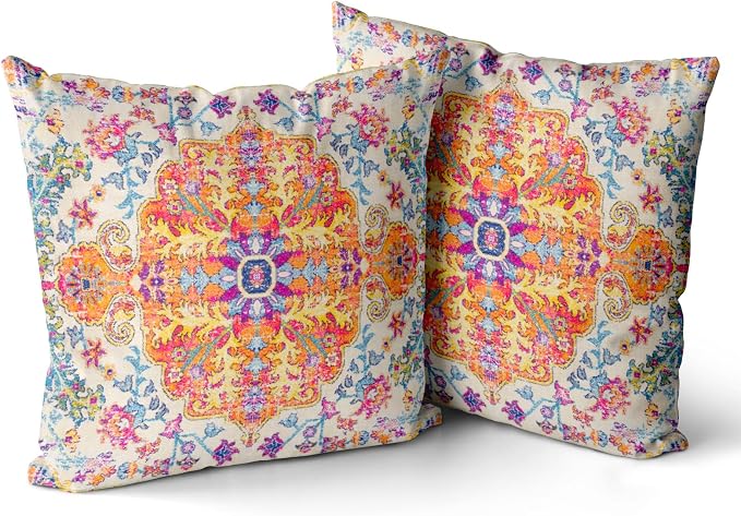 Snycler Orange Blue Ethnic Boho Pillow Covers 18x18 in Boho Carpet Cream Coral Floral Decorative Couch Pillow Cases with Zipper Set of 2 Home Decor for Living Room Bedroom Bed Cushion Outdoor