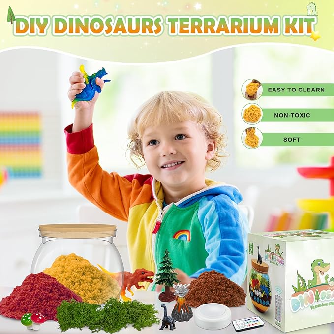 Dinosaur Gifts for Boys -Dinosaur Terrarium Kit for Kids 4-8, Night Light Craft Kit, DIY Dinosaur Gifts for Kids Arts and Crafts DIY Nightlight Project Novelty for Boys Age 6-12