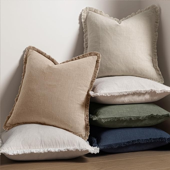 MIULEE Boho Linen Fringe Decorative Throw Pillow Covers Camel 18x18 | Set of 2, Cottagecore Decor, Boho Farmhouse Neutral Pillow Covers, Rustic Couch Cushion Cases for Sofa Bed Living Room