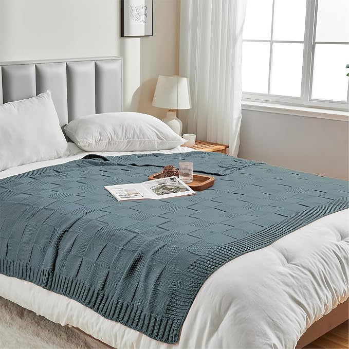 CozeCube Dusty Blue Knitted Checkered Throw Blanket 50"X60" | Check Knit Throw for Couch, Decorative Christmas Soft Cozy Warm Blanket for Bed Sofa Living Room