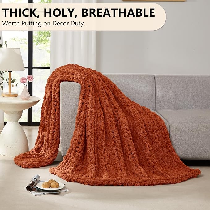 L'AGRATY Chunky Knit Throw Blanket for Couch, 80 x 90 Inches, Rusty Orange | Handmade Chenille Crochet Blanket for Sofa Bed, Thick Cable Knitted Blankets for Room Home Decor, Birthday Gift for Women Mom
