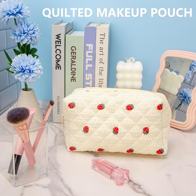 Small Quilted Makeup Bag,Zipper Cosmetic Pouch,Gauze Strawberry,2 Pack | Lightweight Cosmetic Bag Organizer for Women,Purse Storage Holds Makeup,Toiletries,Skincare,Beauty Essentials,Travel Items