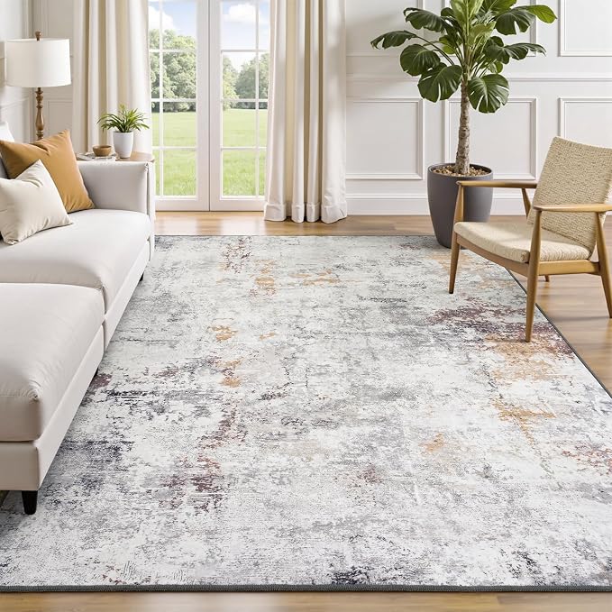 Rugflix 5x7 Area Rugs for Living Room, Washable Beige Grey Large Rug | Machine Washable; Stain-Resistant; Low Pile; Non-Slip; Modern Abstract; Carpet for Bedroom Dining Office Nursery Home