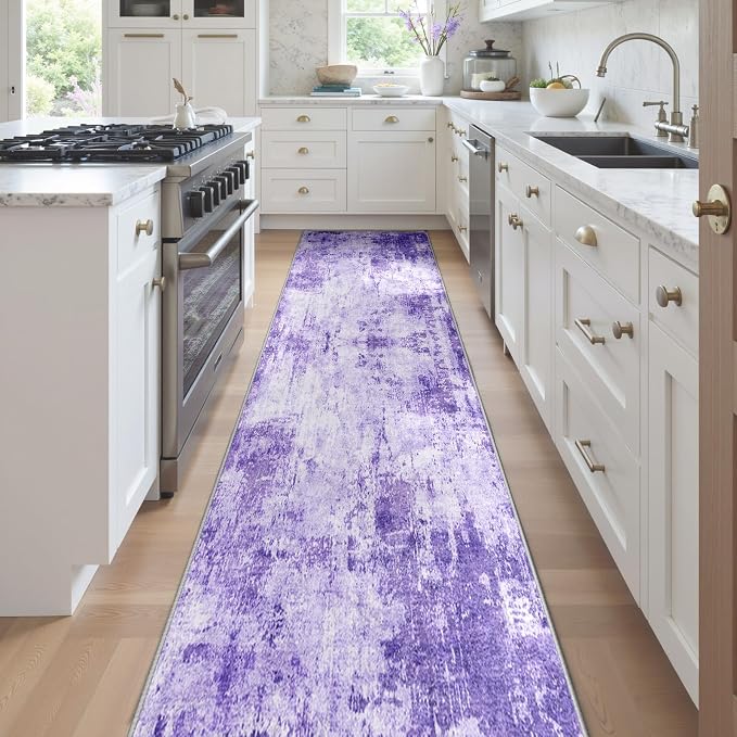 RELEANY Washable Runner 2'x8' Abstract Area Rug for Hallway Purple | carpet for kitchen, entryway, bathroom, living room, bedroom, printed pattern, non-slip, soft, stain-resistant, easy to clean