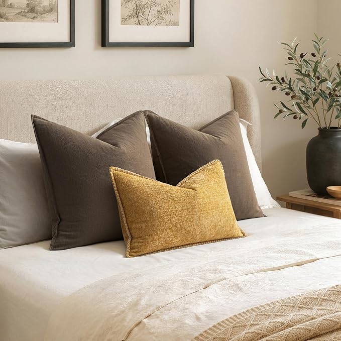 MIULEE Decorative Lumbar Throw Pillow Covers 12x20 Inch Gold 2 Pack | Mustard Yellow, Farmhouse Pillow Covers with Stitched Edge, Soft Chenille Cushion Cases,Couch Sofa Bed Living Room Home Decor