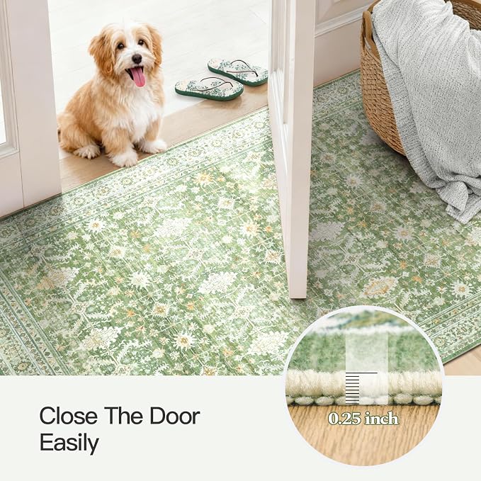 3x5 Area Rugs for Entryway, Non-Slip Washable Rug for Kitchen, Light Green | Low Pile Soft Small Rugs, Vintage-Style Carpet for Bathroom Bedroom Tool Room, Stain Resistant, Low Pile, Distressed Rug