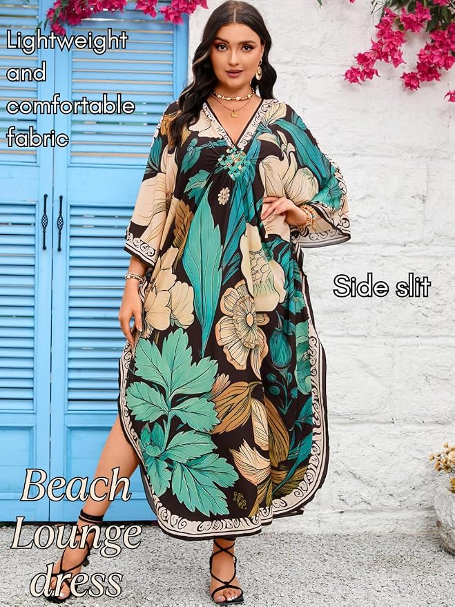 ChiaoLezhee Print Moo-Moos for Women, Kaftan Cover-Up Dresses, Sexy V-Neck High-Slit, Beach Pool-Party Coverups Muumuu Plus