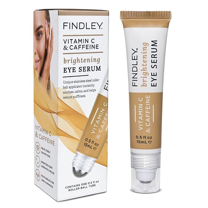 Findley Eye Serum with Vitamin C and Caffeine | Unique Stainless Steel Roller Ball Applicator | Under Eye Treatment for Puffiness & Dark Circles | Soothes, Depuffs, & Firms (0.5 Fl Oz)