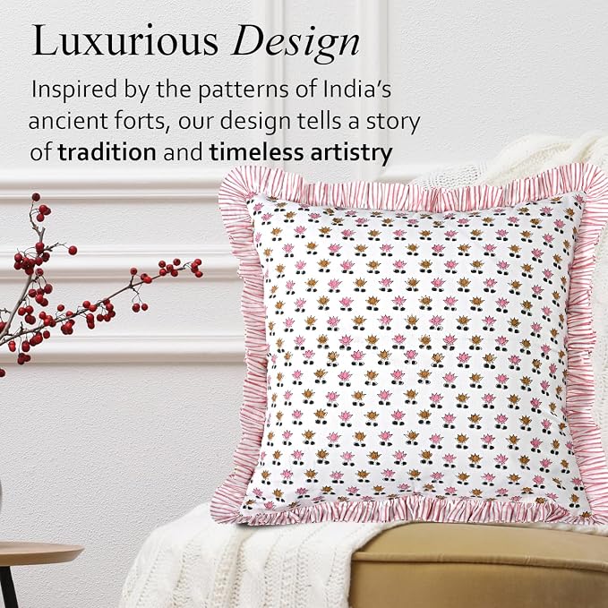 CPC Rosette Bloom Hand Block Print 100% Cotton Ruffle Throw Pillow Cover 20x20 inch with Hidden Zipper Decorative for Couch, Bed, Sofa, Farmhouse, Cottagecore Decor Gift Christmas Fall Thanksgiving