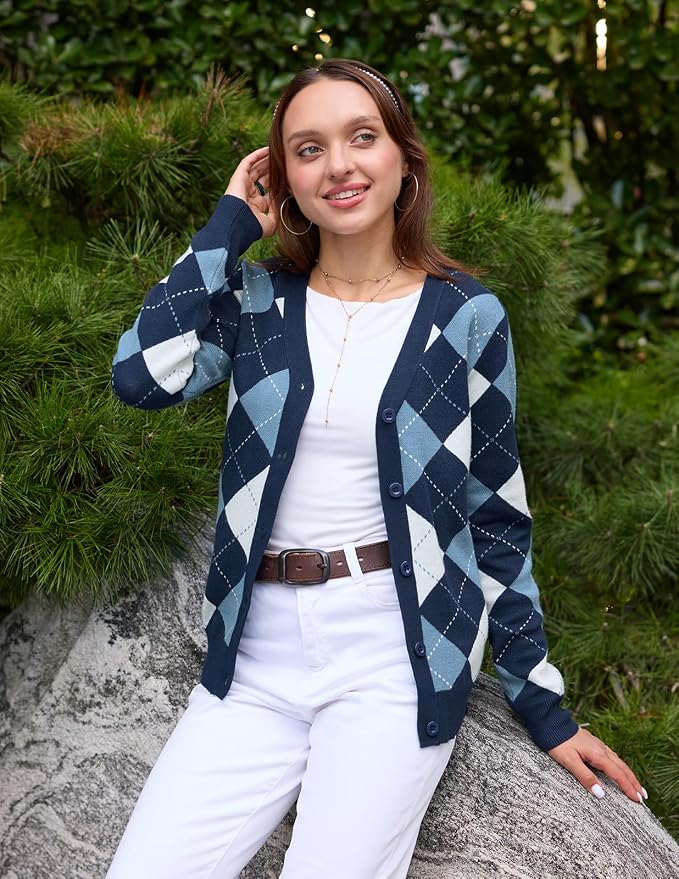 GRACE KARIN Womens Cardigan Sweater Fall Fashion Argyle Sweater Button Up Cardigan Teacher Outfits Preppy Clothes