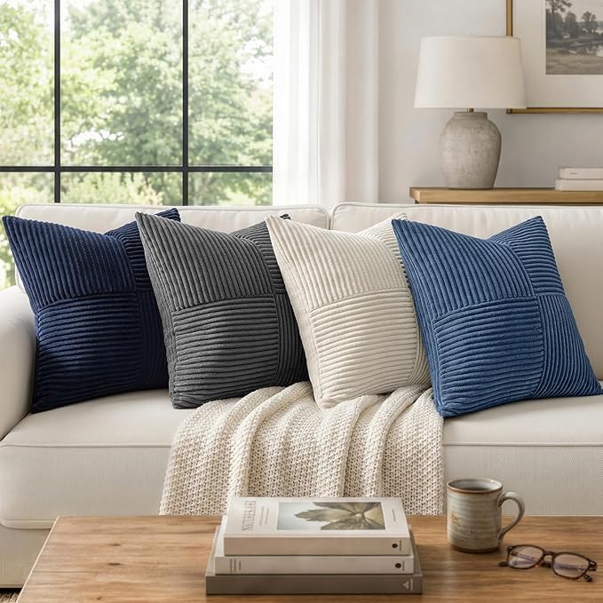 MIULEE Navy Blue Decorative Throw Pillow Covers 16x16 Inch for Couch Bed Sofa Pack of 2 Boho Farmhouse Throw Pillows Soft Cross Corduroy Patchwork Textured Cushion Cases
