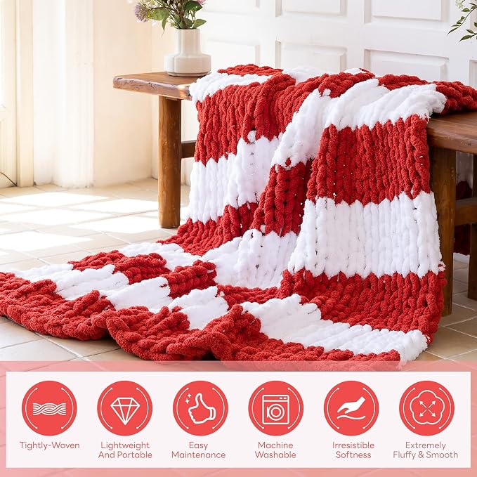 Chunky Knit Blanket - Luxury Soft Cozy 60 * 80 Throw Blanket,100% Woven Blanket Rope Knot Throw Blanket for Couch, Sofa, Home Decor, Gift - Machine Washable (White/Wine red, 60 * 80)