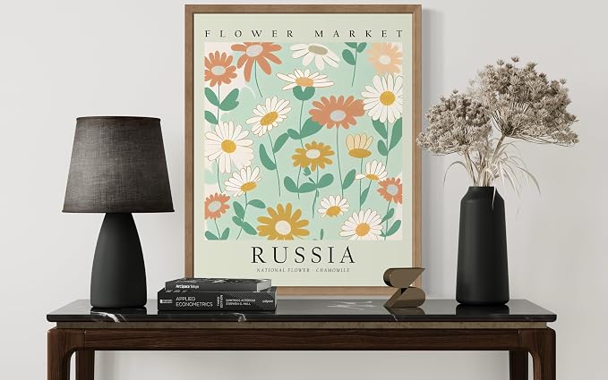 Russia Flower Market Art Print Poster, Wall Art Floral Painting Botanical Decor for Bedroom, Kitchen, Bathroom Livingroom Decoration 82B (Russia, 10"L x 8"W, Wood Frame)