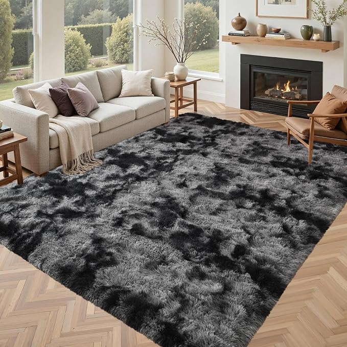 Black Grey Rugs for Bedroom Fluffy 4x6 Area Rug, Super Fuzzy Fur Living Room Carpet for Boys Dorm Office Nursery Modern Home Decor