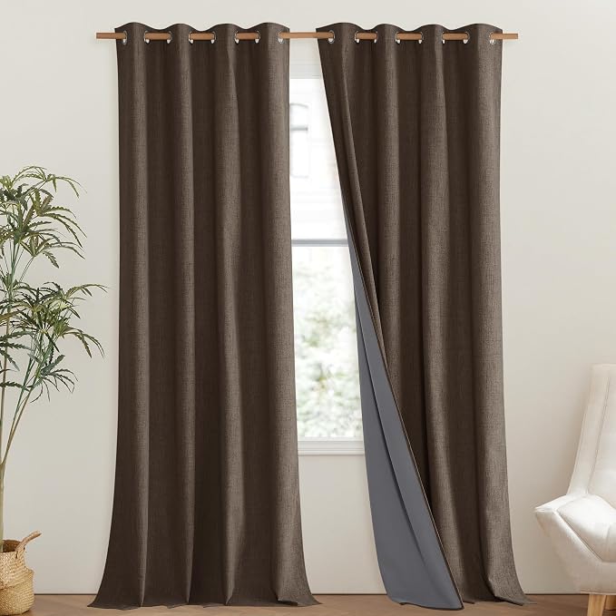 NICETOWN Coffee Vintage Linen 100% Blackout Curtains for Living Room, Thermal Insulated Curtains 108" Long, Noise Reducing Window Treatment Drapes for Hall Room, 52" Wide Per Panel, Set of 2