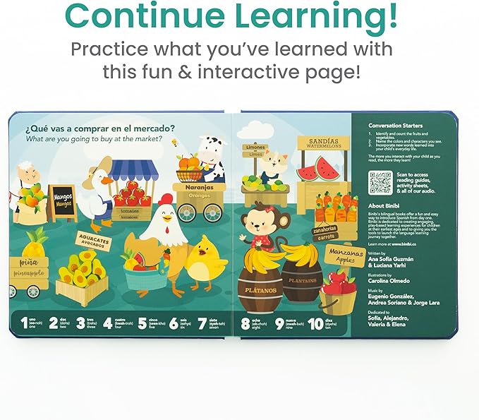 Binibi Spanish Musical Book - Counting at The Market | Bilingual Children's Book for Babies & Toddlers 1-3 | Libro en Espanol para Bebes