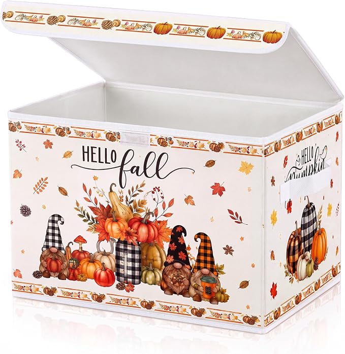 Briwooody Fall Storage Bin with Lid and Carrying Handle Pumpkin Gnome Foldable Storage Box Large Autumn Harvest Decorative Collapsible Container Basket for Organizing Closet Home Bedroom Fall Gifts