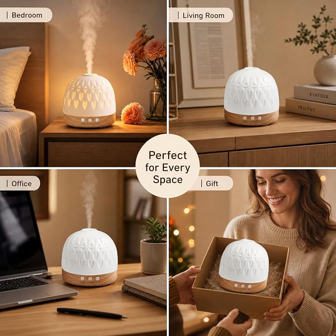 Ceramic Diffuser - 300ML Essential Oil Diffuser,White Porcelain Design, Quiet Cool Mist, 4 Timer Modes, Auto Shut-Off, Night Light for Bedroom and Home
