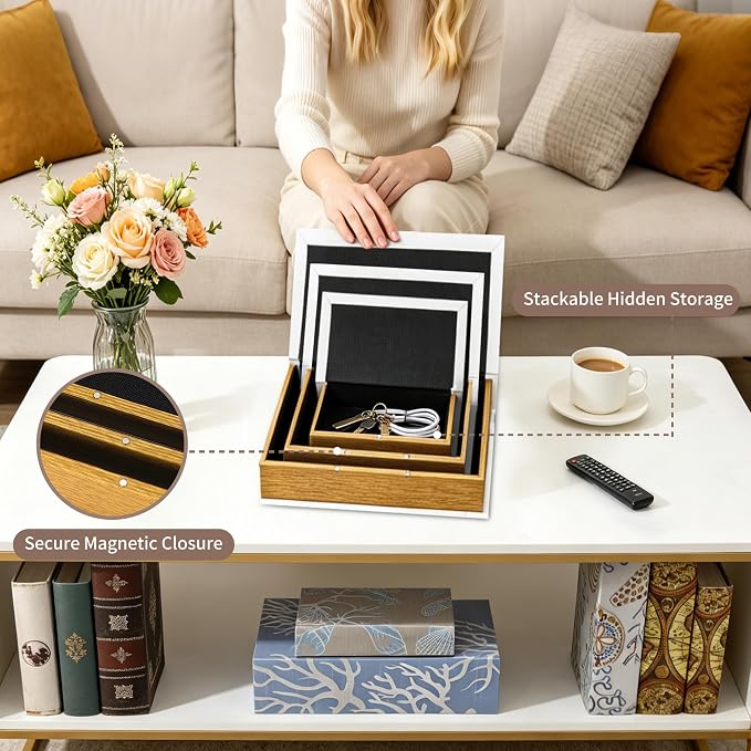 Jolitac Decorative Book Boxes Set of 3, Faux Leather Storage Boxes | Stackable hidden storage containers, handcrafted, for coffee table, shelf decor, remotes & jewelry