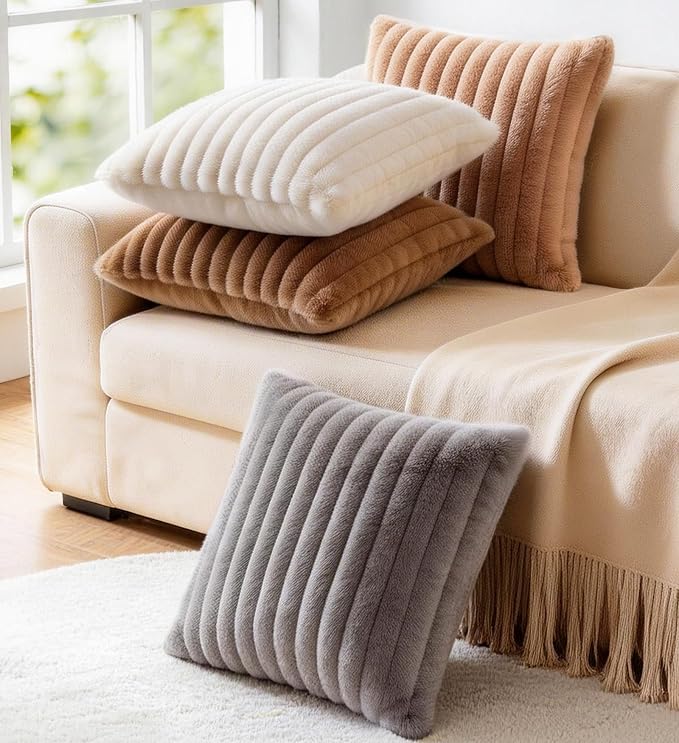Pack of 2 Throw Pillow Covers 20x12 Decorative Solid Plush Faux Fur with Soft Velvet Back, Square Striped Cushion Cases Modern Farmhouse Home Decor for Living Room Couch Sofa Bed Cream White