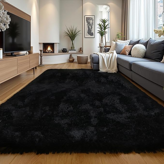 Black Fluffy 8x10 Large Area Rug, Soft Washable Shag Carpet | Cute plush fuzzy rug for bedroom, living room, nursery, baby, and toddler rooms