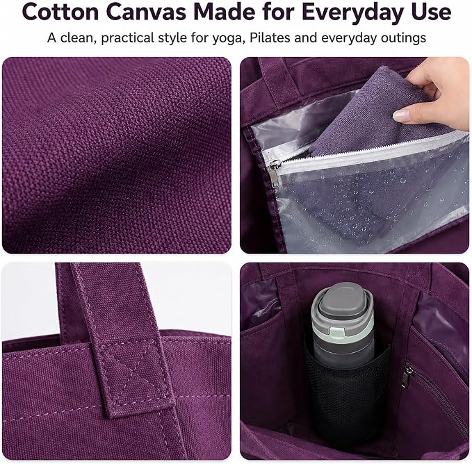 Yoga Mat Bag for Women, Pure Cotton Canvas Yoga Tote with Wet/Dry Pocket, Bottle Holder & Inner Zipper Pocket, Yoga Mat Carrier Bag for Pilates, Gym, Travel, Beach