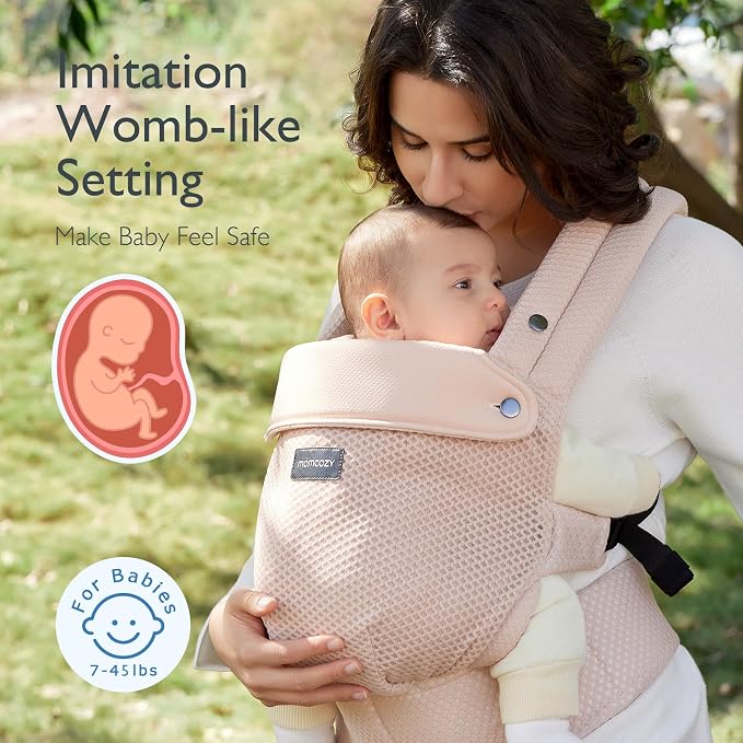 Momcozy Baby Carrier - Ergonomic, Cozy and Lightweight Carrier for 7-45lbs, Effortless to Put On, Ideal for Hands-Free Parenting, Enhanced Lumbar Support, Purehug for Infant to Toddler, Air Mesh-Pink