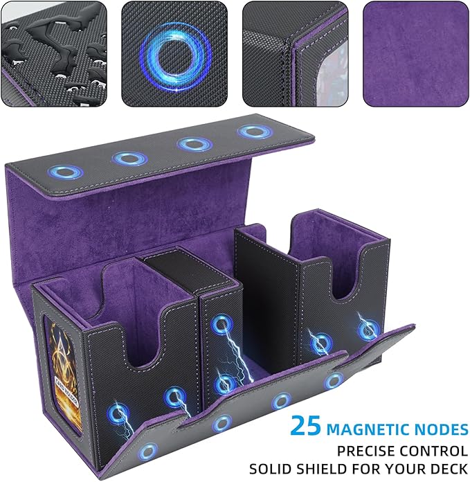 AFIING MTG Commander Deck Box 200 Double Sleeved Cards Storage, 3-in-1 Magnetic Card Case Organizer for Magic: The Gathering TCG CCG, 4 Dividers & 2 Toploaders Black/Purple