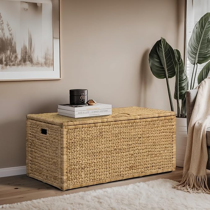 Water Hyacinth Bedding Storage Trunk, Natural, 42x20x18.5 | 2 Safety Hinges, Extra Large, Metal Frame, Wicker Blanket Chest, Decorative Storage Box