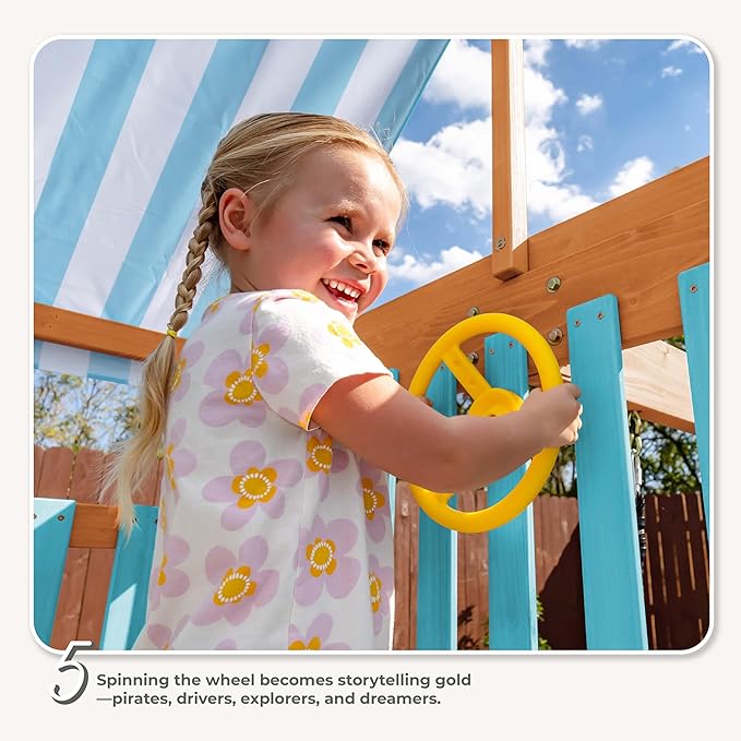 Teamson Kids Laguna Wooden Swing Set with Slide & Climbing Wall, Solid Wood, Natural and Aqua