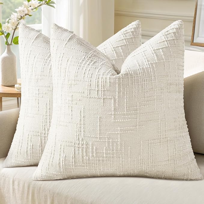 decorUhome Textured Chenille Throw Pillow Covers 26x26 Set of 2 Cream White | Fall Modern Farmhouse Soft Cozy Slubby Couch Pillow Cases Boho Decorative Pillow Cases for Bed Sofa Living Room Home Decor