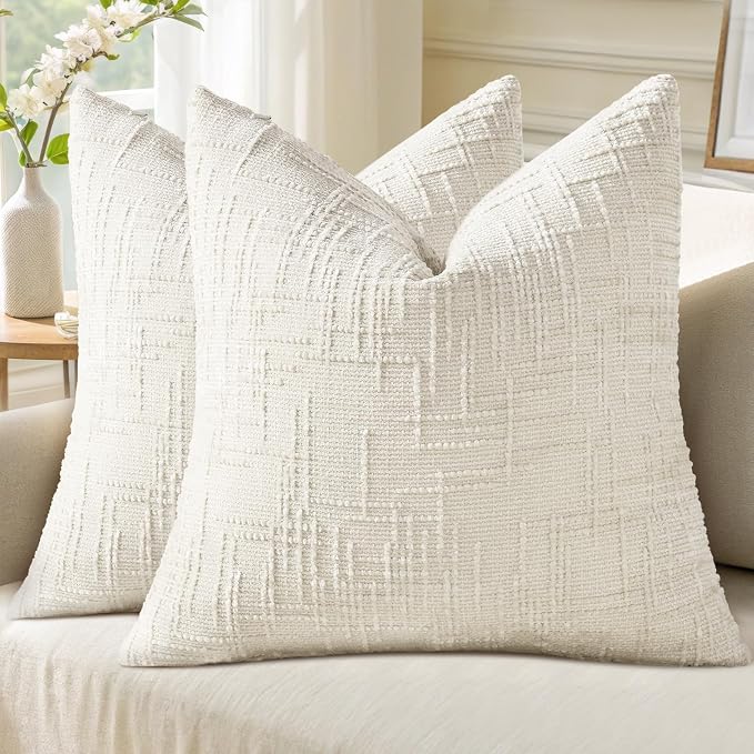 decorUhome Textured Chenille Throw Pillow Covers 22x22 Set of 2 Cream White | Fall Modern Farmhouse Soft Cozy Slubby Couch Pillow Cases Boho Decorative Pillow Cases for Bed Sofa Living Room Home Decor
